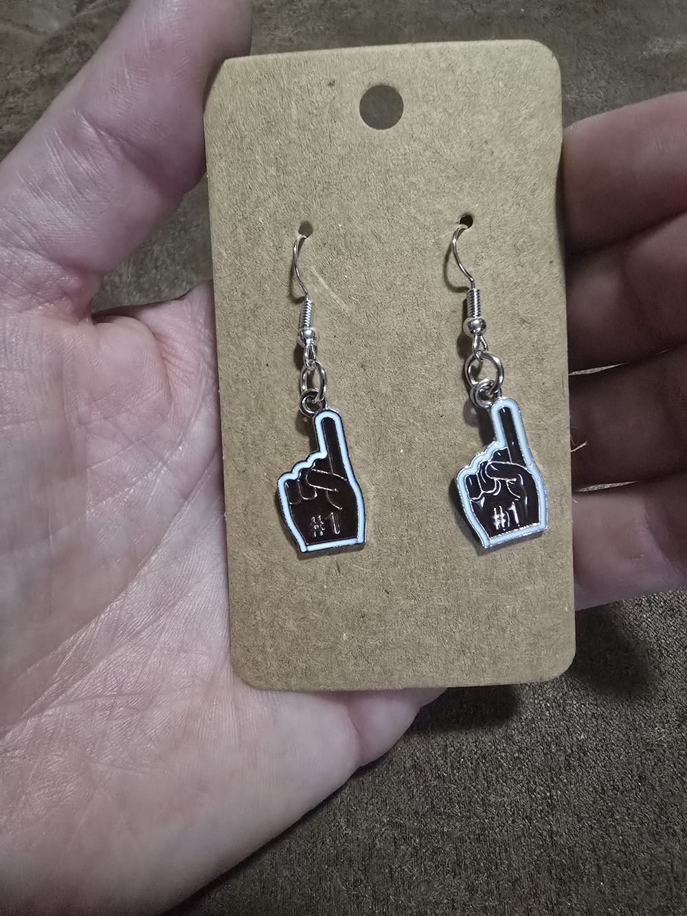 #1 Foam Finger Dangle Earrings - Black & Silver